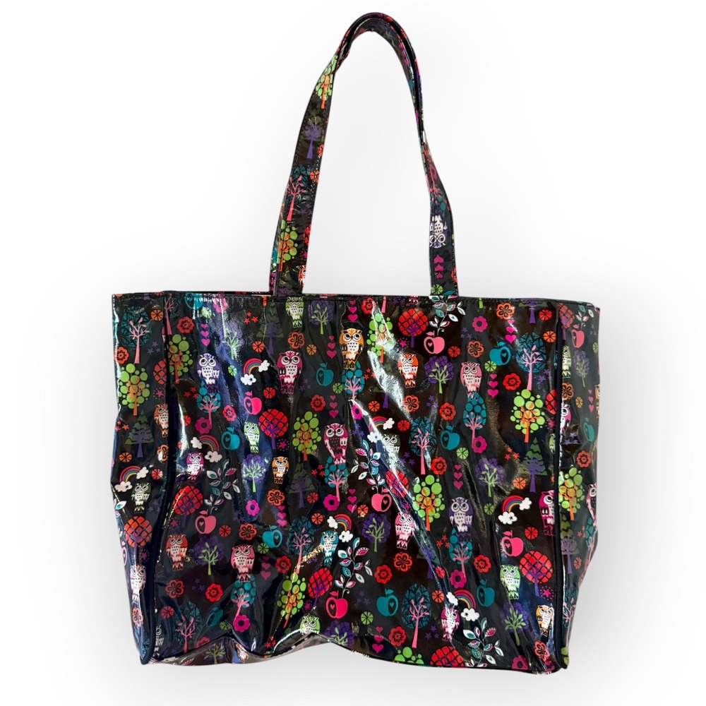 Paperchase Large Tote Bag Glossy Black Owl Floral Print Whimsical Shoulder Purse